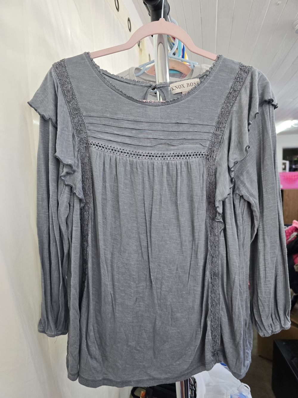 Knox Rose Women's Gray Long-Sleeve Ruffle Peasant Top